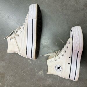 Converse High Top Platform Sneakers in White Canvas with Black Stripe